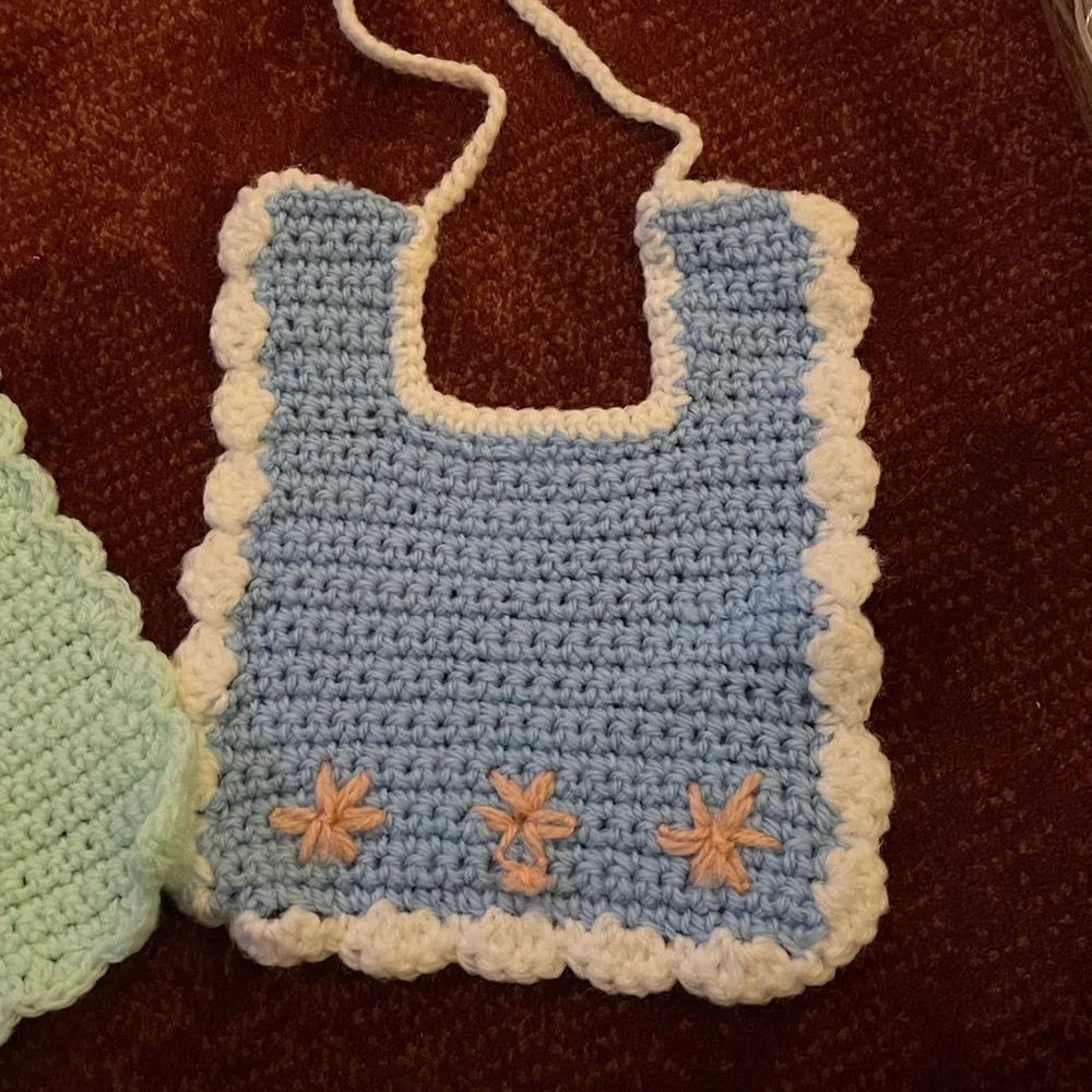 Five Crocheted Baby Bibs, Yellow/White; Green; Blue/White w/ Pink Flowers